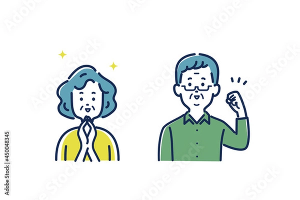 Fototapeta ガッツポーズするシニア男性と拍手するシニア女性のイラスト素材