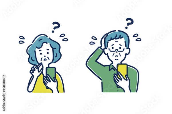 Fototapeta スマホを操作で困っているシニア男性のイラスト素材