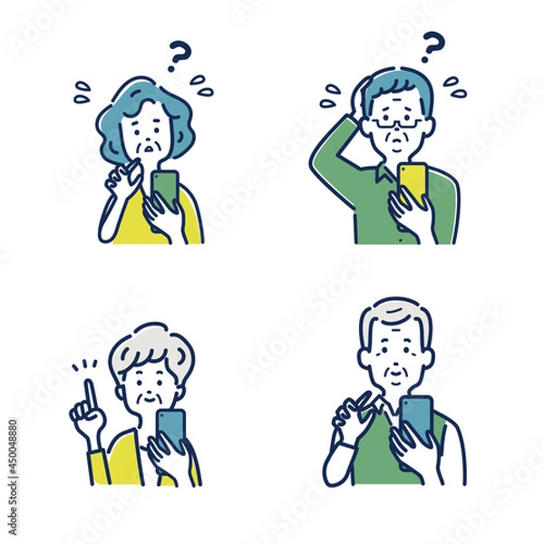 Fototapeta スマホを操作するシニア男女のイラスト素材セット