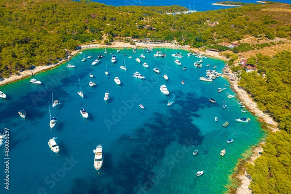 Fototapeta Aerial view of the bay with boats, Paklinski otoci islands in Hvar, Adriatic Sea in Croatia