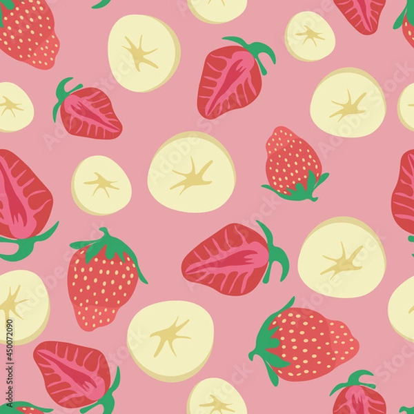 Fototapeta Strawberry and banana seamless pattern on pink background. Colorful vector illustration for cover, wallpaper, fabric.