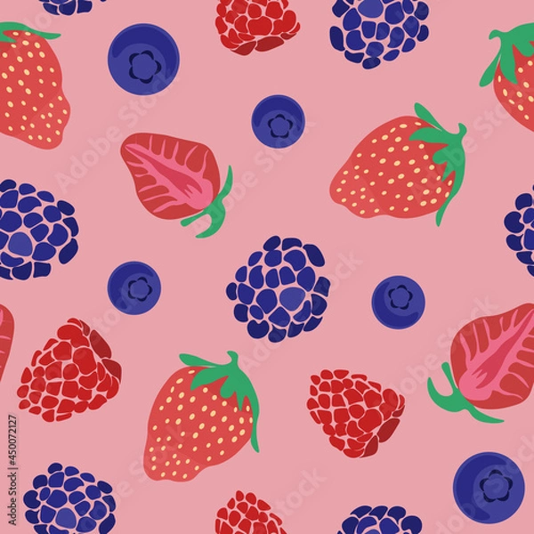 Fototapeta Seamless pattern with strawberry, blackberry, blueberry and raspberry on pink background. Colorful vector illustration. Ideal for cover, wallpaper, fabric, wrapping, packaging, brochures, posters.
