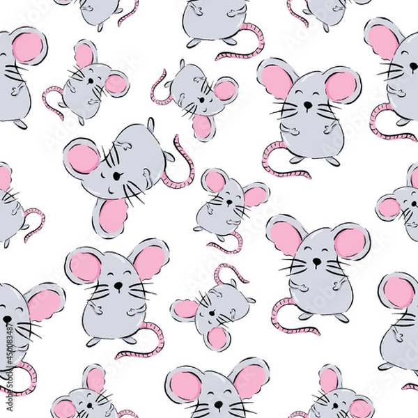 Fototapeta Cute cartoon mouse seamless pattern, vector illustration isolated on white background