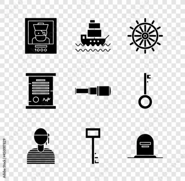 Fototapeta Set Wanted poster pirate, Ship, steering wheel, Sailor captain, Pirate key, Tombstone with RIP written, Decree, parchment, scroll and Spyglass telescope lens icon. Vector