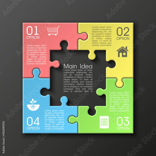 Obraz Four sided 3d puzzle presentation. Abstract puzzle infographic template with explanatory text field for business statistics. Vector four pieces puzzles illustration