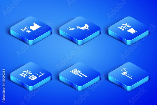 Fototapeta Set Router and wi-fi signal, Flower statistics, Temperature humidity sensor, Smart farming technology, Chicken camera and Plant pot icon. Vector