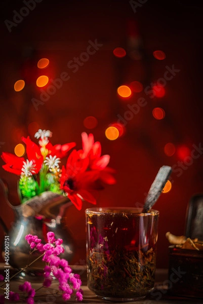 Fototapeta Still life- selective focus. Dark background and bokeh
