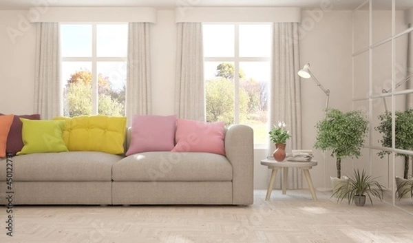 Obraz Stylish room in white color with sofa and autumn landscape in window. Scandinavian interior design. 3D illustration