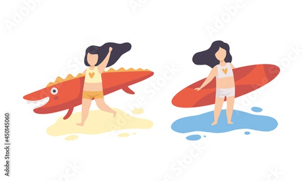Fototapeta Happy Girl Having Vacation at Sea Running with Surfboard Vector Set