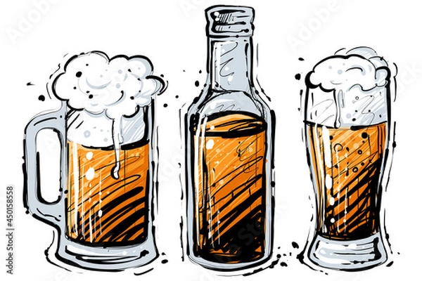 Obraz Beer set, hand drawn, sketchy, color, vector