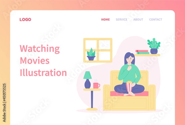 Fototapeta Landing page template of Streaming movies. Woman eating popcorn and watching streaming movie at home. Modern flat design illustration for website and mobile website.