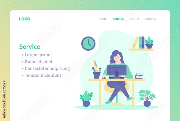 Fototapeta Landing page template of study, work or customer service. Woman in front of computer studying, working or customer service. Modern flat design illustration for website and mobile website.