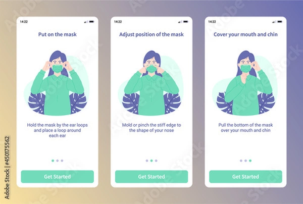 Fototapeta Mobile apps illustration of how to use a mask. Simple step by step how to use a mask. Modern flat design illustration for website and mobile website.