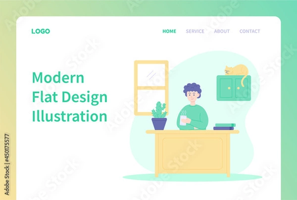 Fototapeta Landing page template of relaxation. Man relaxing and drinking coffee. Modern flat design illustration for website and mobile website.