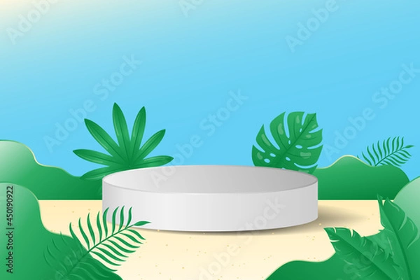 Fototapeta Beautiful Tropical 3d display podium decoration in nature background with realistic tropical plants. Product presentation suitable for summer.
