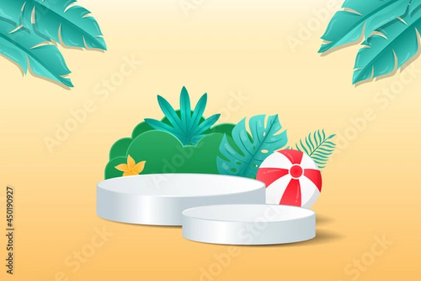 Fototapeta Tropical 3d display podium decoration in warm background with realistic tropical plants. Product presentation suitable for summer.