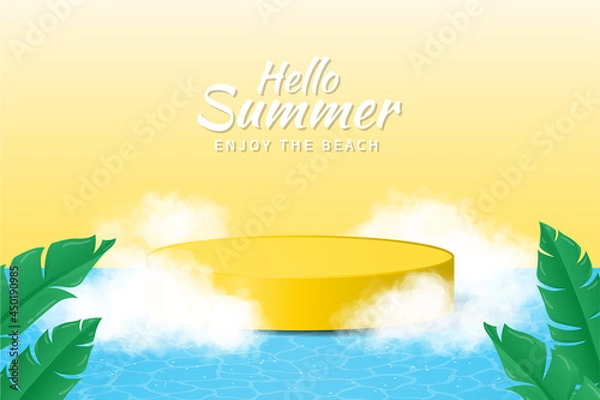 Fototapeta Beautiful Tropical display yellow podium decoration in nature background with realistic clouds and tropical plants. Product presentation suitable for summer.