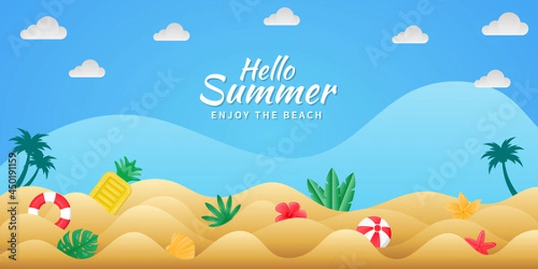 Fototapeta Islamic Background with Mosque in paper stylePaper cut style Summer background with beach balls, pool floats, beach animals and tropical plants. Beach background suitable for Summer.