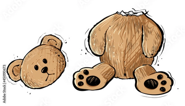 Fototapeta Teddy bear with torn of head, vector, color