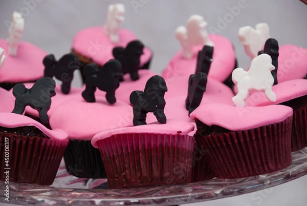 Fototapeta Chocolate cupcakes with pink fondant and a dog on top