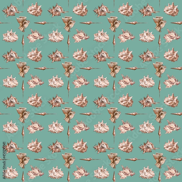Fototapeta Watercolor digital illustration seamless pattern of seashells from brown marine life on background. High quality illustration