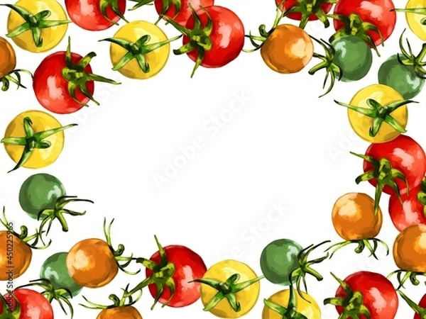 Fototapeta 水彩厚塗りのカラフルプチトマトイラスト・楕円囲みフレーム