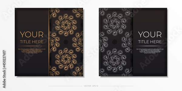 Obraz Square Vector Black color postcard template with Indian patterns. Print-ready invitation design with mandala ornament.