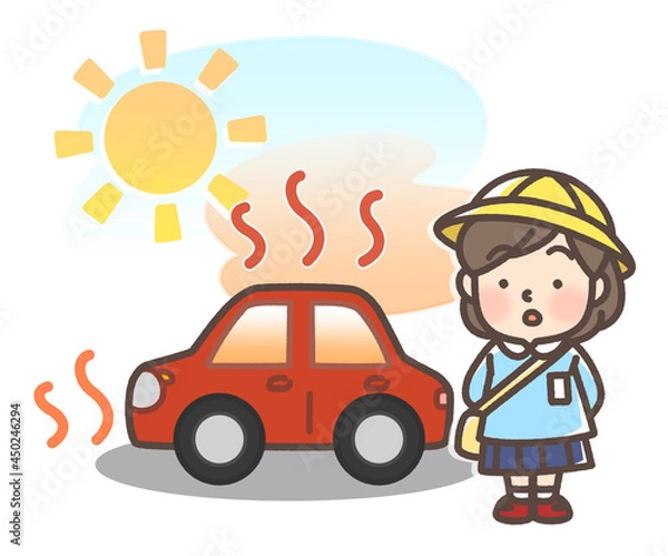 Fototapeta 炎天下で暑くなっている車と子供
