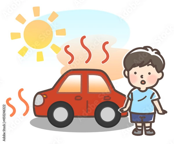 Fototapeta 炎天下で暑くなっている車と子供