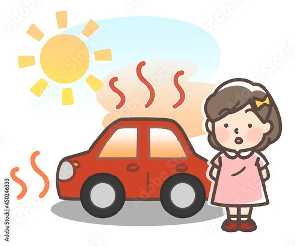 Fototapeta 炎天下で暑くなっている車と子供