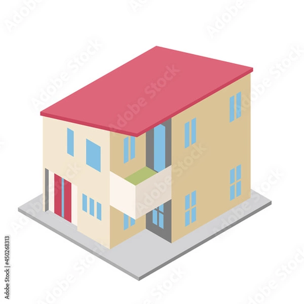 Fototapeta 一戸建て住宅マイホームのイラスト二階建て　アイソメトリックス立体イラスト