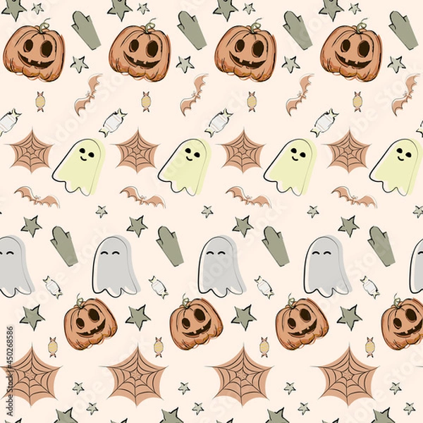 Fototapeta Halloween seamless pattern. Holiday accessories on pastel background. Vector illustration