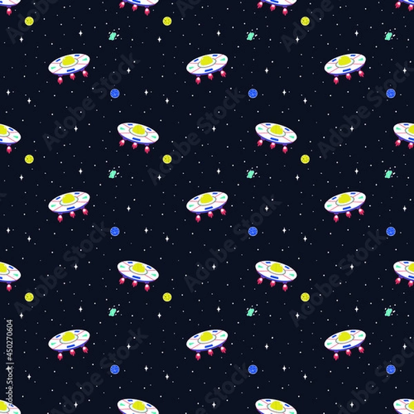 Fototapeta Seamless background from the constellation of the Cosmic Galaxy with a flying saucer (UFO). Can be used for textiles, yoga mat, phone case. Vector.