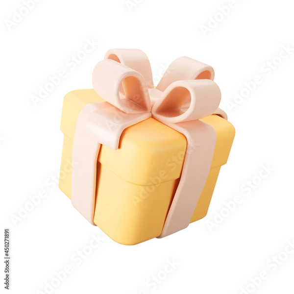 Fototapeta 3d orange gift box with pastel ribbon bow isolated on a white background. 3d render flying modern holiday surprise box. Realistic vector icon for present, birthday or wedding banners