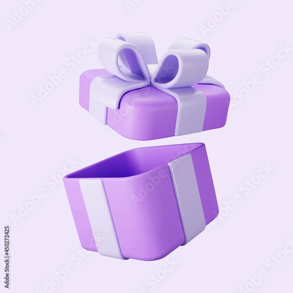 Fototapeta 3d purple open gift box with pastel ribbon bow isolated on a light background. 3d render flying modern holiday open surprise box. Realistic vector icon for present, birthday or wedding banners