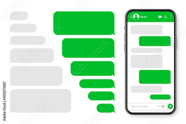 Obraz Realistic smartphone with messaging app. Blank SMS text frame. Conversation chat screen with green message bubbles. Social media application. Vector illustration.