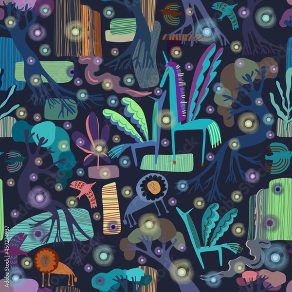 Fototapeta Vector colorful seamless pattern of mysterious phantasmagoria with unicorns in dark tones
