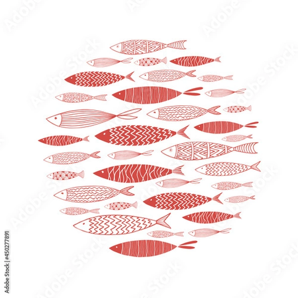 Fototapeta Round pattern with red fish on a white background