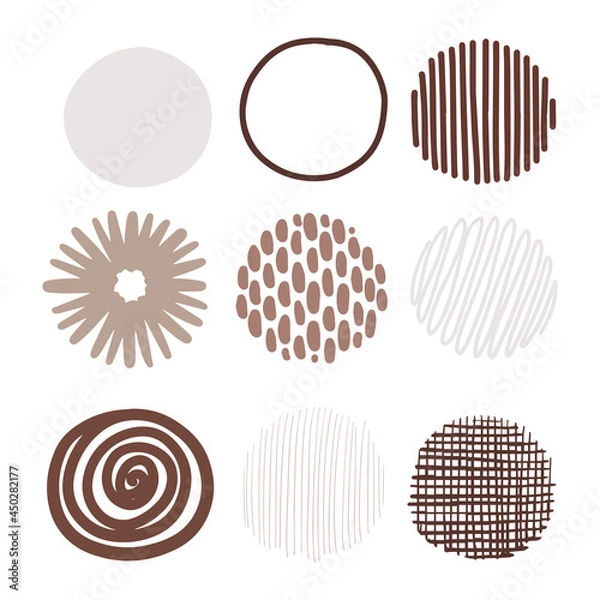 Fototapeta Hand drawn round decor set. Bullet journal web visual note sketch elements. Isolated graphic vector object set. Brown beige neutral color palette.