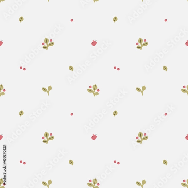 Fototapeta Minimalistic airy pattern with lingonberry berries and flowers. Forest autumn theme