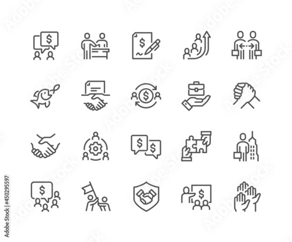 Fototapeta Simple Set of Business Cooperation Related Vector Line Icons. Contains such Icons as Partnership, Synergy, Interaction and more. Editable Stroke. 48x48 Pixel Perfect.