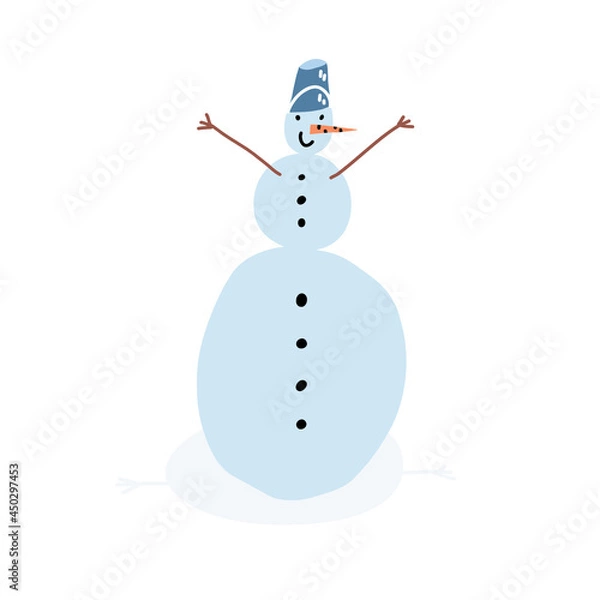 Fototapeta A cute hand-drawn snowman, frosty with brunch arms, carrot nose and bucket hat. Vector isolated illustration.