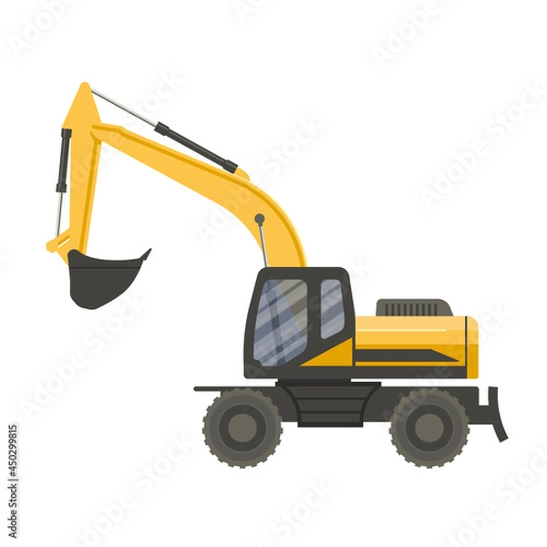 Fototapeta Yellow excavator isolated on transparent white background. Vector flat design illustration. Side view.