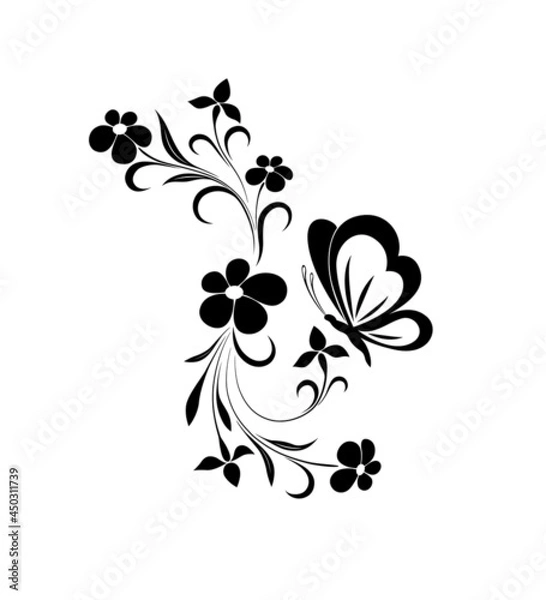 Fototapeta Vector illustration of flower pattern and butterfly tattoo on black and white background