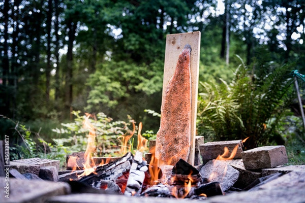 Fototapeta Salmon fillet on a board as flamed salmon on an open campfire