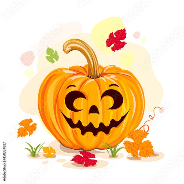 Fototapeta Halloween pumpkin on an autumn background with yellow and red leaves. Vector illustration of Halloween background in cartoon style for poster, card or flyer.