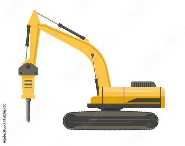 Fototapeta Yellow hydraulic hammer isolated on transparent white background. Vector flat design illustration. Side view.
