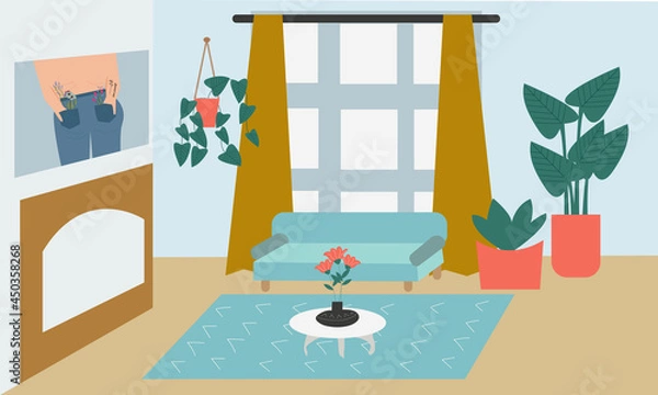 Fototapeta Stylish minimalist living room interior with large panoramic windows, curtains, sofa, fireplace, rug, house plants and paintings. Vector illustration