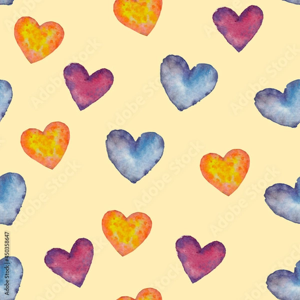 Fototapeta Watercolor hand drawn artistic hearts pattern, multicolor hearts pattern, decorative peach background