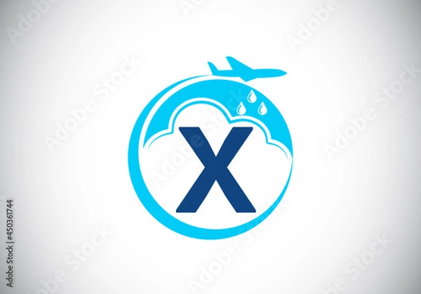 Fototapeta Initial X monogram alphabet with an airplane and cloud. Artificial rainmaking. Cloud seeding logo. Modern vector logo for the business, and company identity
